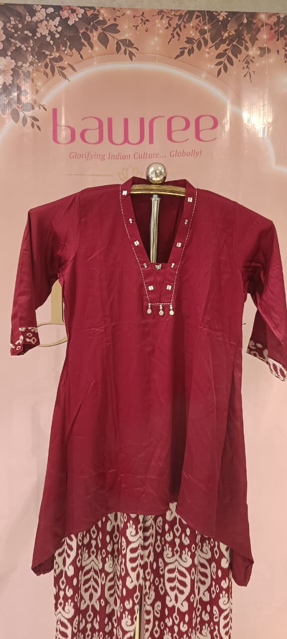 Elegant Maroon Tunic &  Satin Silk Ajrakh Print Palazzo Co-Ord Set.