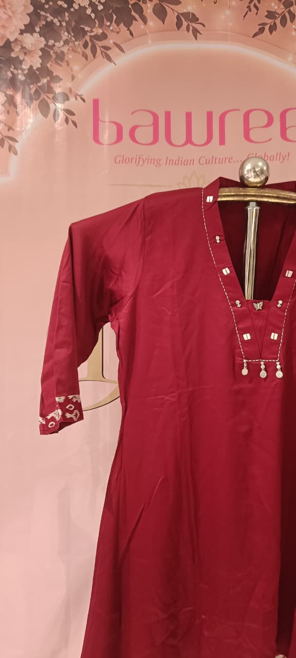 Elegant Maroon Tunic &  Satin Silk Ajrakh Print Palazzo Co-Ord Set.