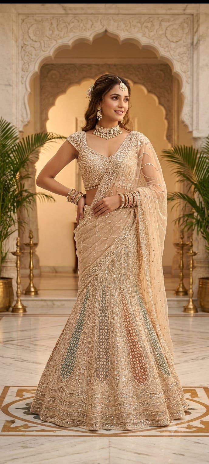 Ethereal Pastel Rose Gold  Multicolored Fish-Cut Lehenga Set.