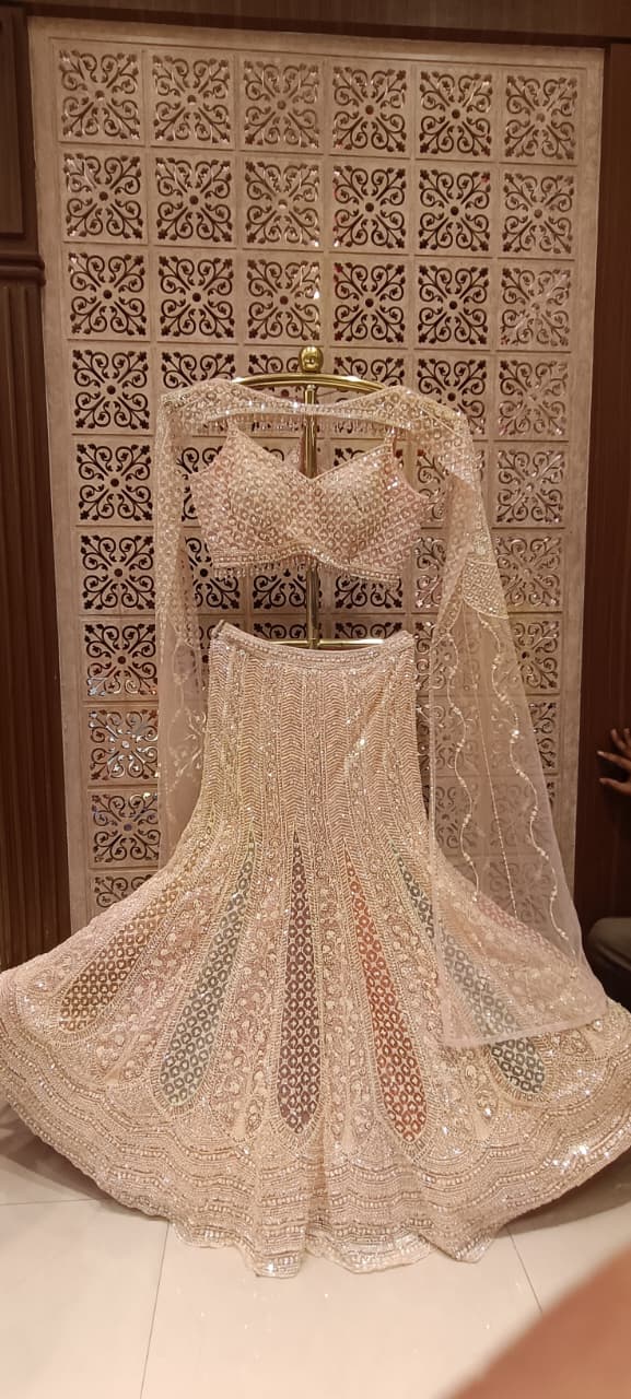 Ethereal Pastel Rose Gold  Multicolored Fish-Cut Lehenga Set.