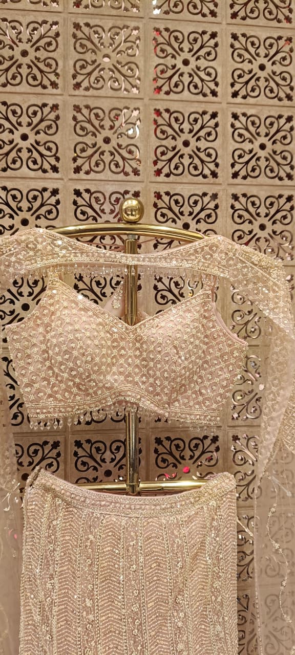 Ethereal Pastel Rose Gold  Multicolored Fish-Cut Lehenga Set.