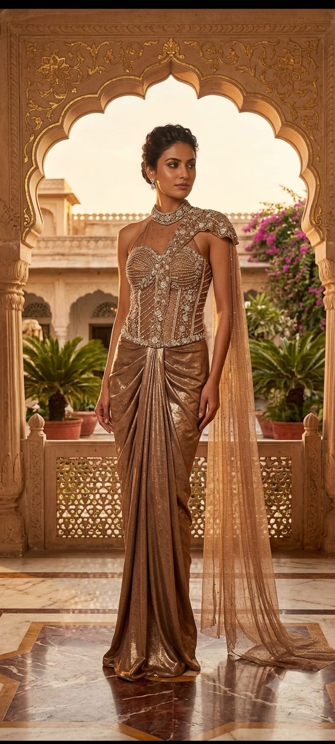 champagne gold Asymmetric Dhoti-Style Indo-Western Set One Side Cap Slevees.