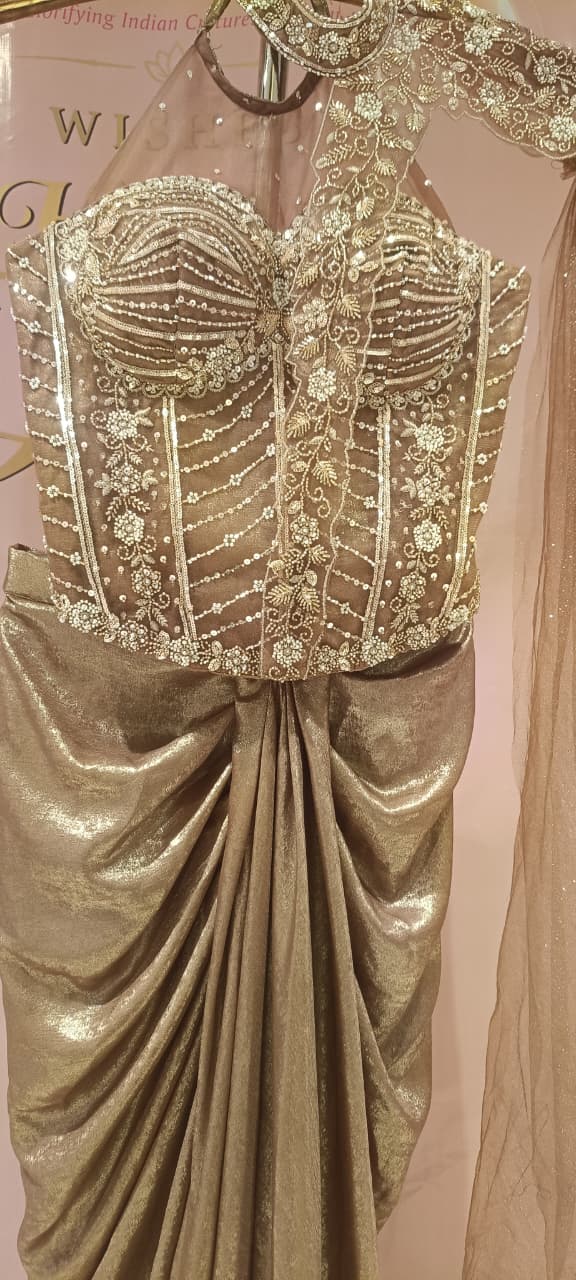 champagne gold Asymmetric Dhoti-Style Indo-Western Set One Side Cap Slevees.