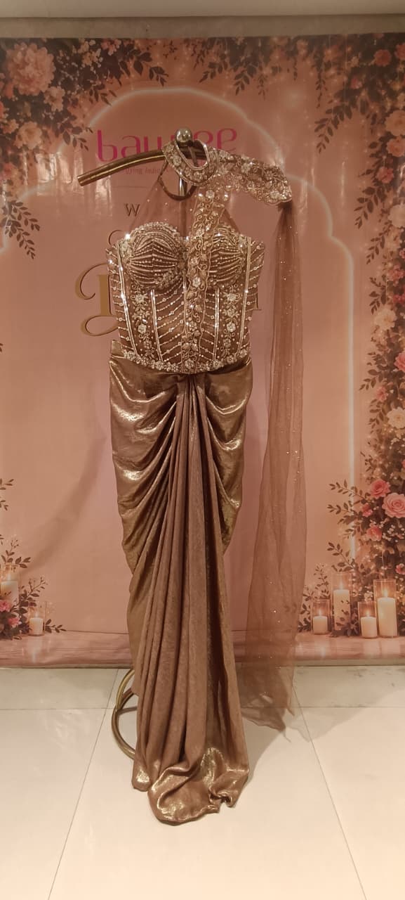 champagne gold Asymmetric Dhoti-Style Indo-Western Set One Side Cap Slevees.