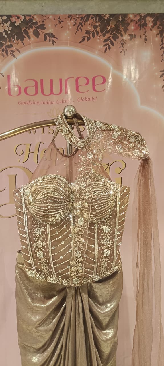 champagne gold Asymmetric Dhoti-Style Indo-Western Set One Side Cap Slevees.
