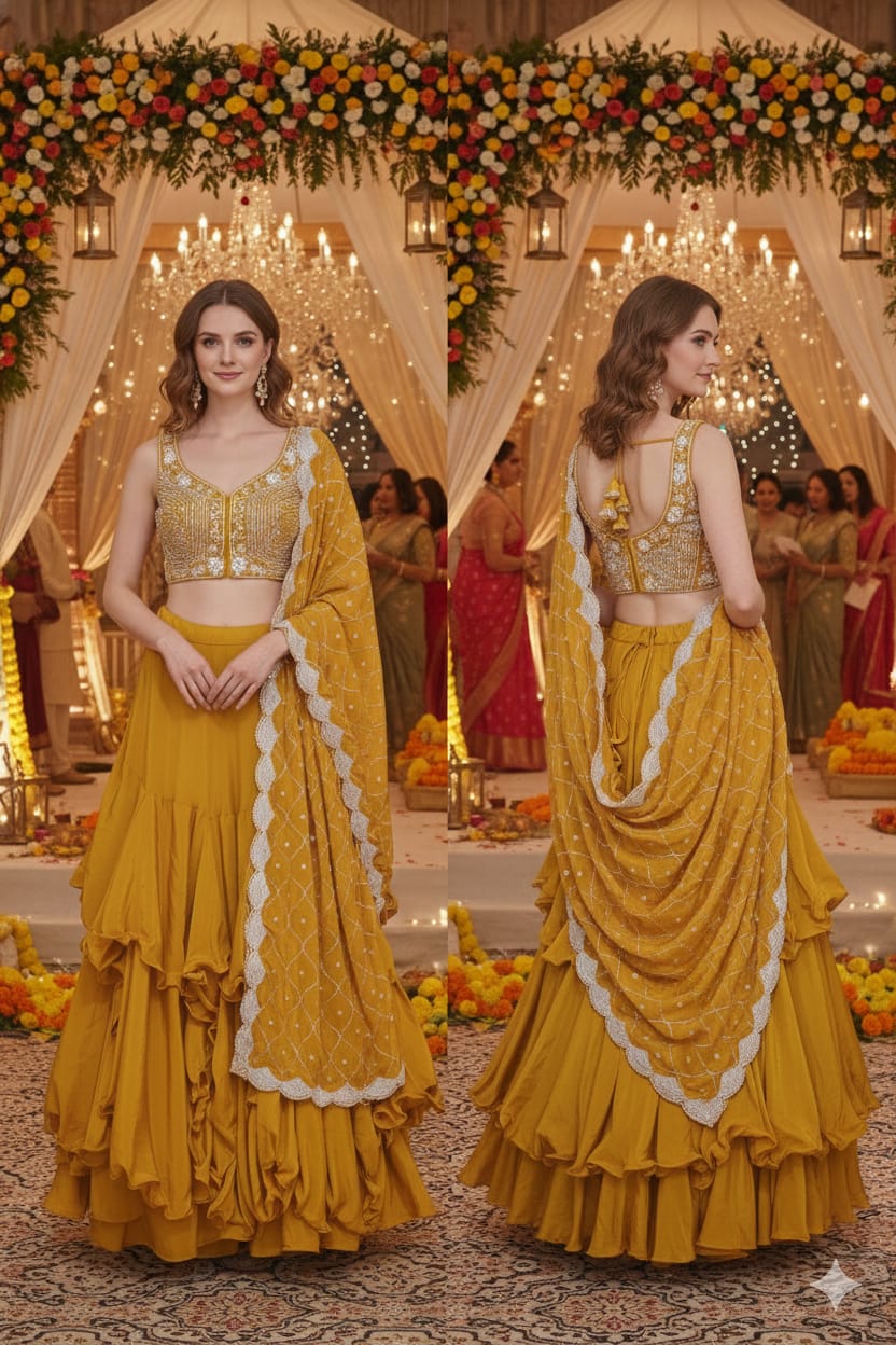 INDO-WESTERN, JACKET STYLE,SHRUG,RUFFLE,HALDI,MEHENDI,SANGEET,COCKTAIL,FUSION WEAR PREWEDDING LEHENGA CHOLI