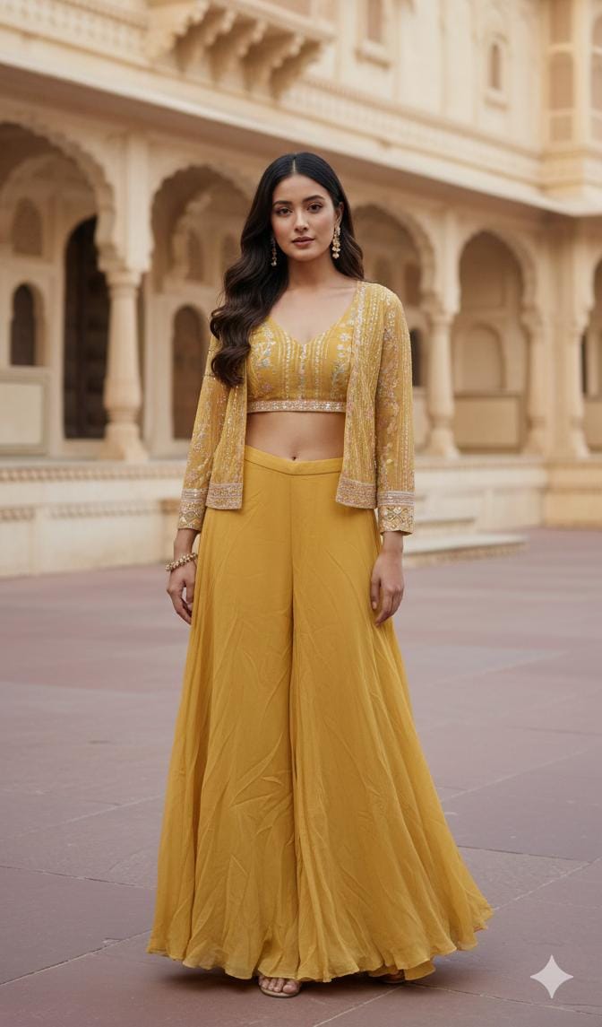 HALDI,MEHNDI,SANGEET,PARTY WEAR,INDO-WESTERN,CROP TOP,PALAZZO,GHARARA,ATTACH JACKET