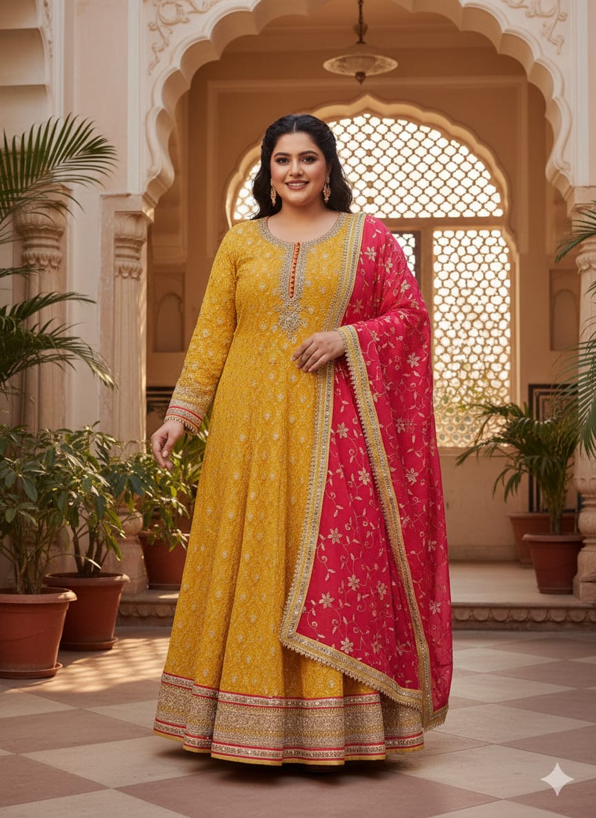 FLOOR LENGTH ANARKALI OUTFIT,HALDI,FESTIVE FUNCTION,TRADITIONAL,PARTY WEAR