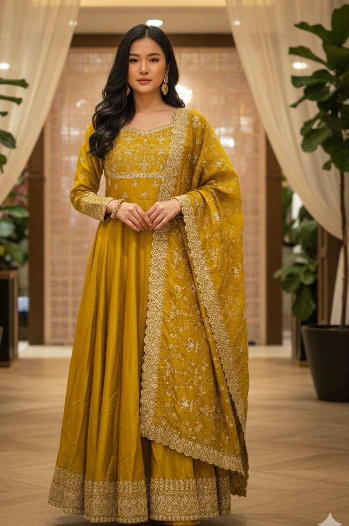 SIMMER ORGANZA ANARKALI DRESS, HALDI, TRADITIONAL, FUNCTIONAL,EVENING OUTING OUTFIT