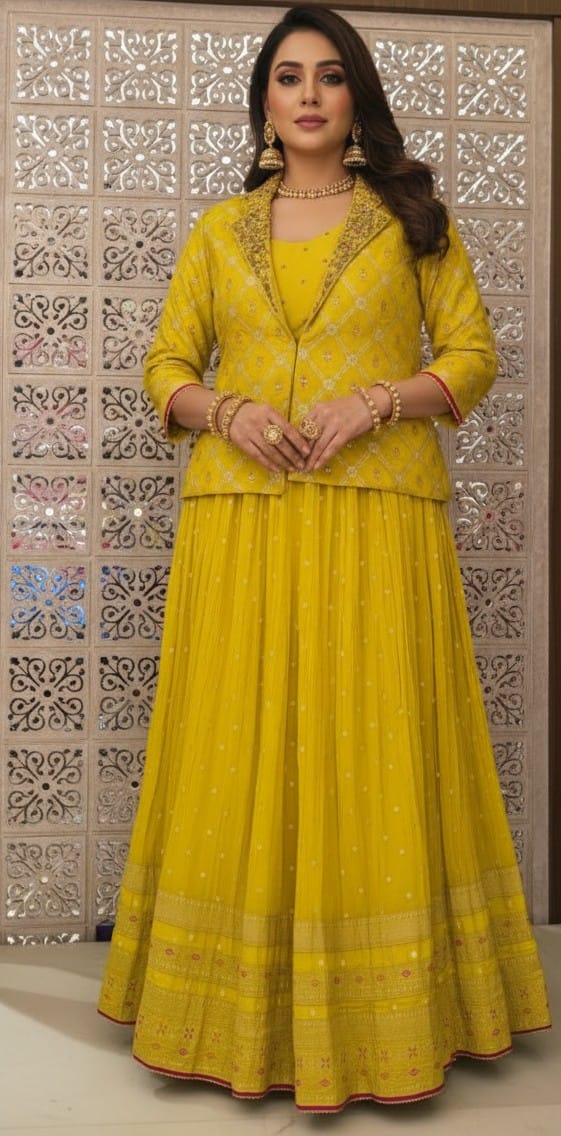 JACKET STYLE ANARKALI DRESS HALDI CEREMONEY,FESTIV OCCASSION,