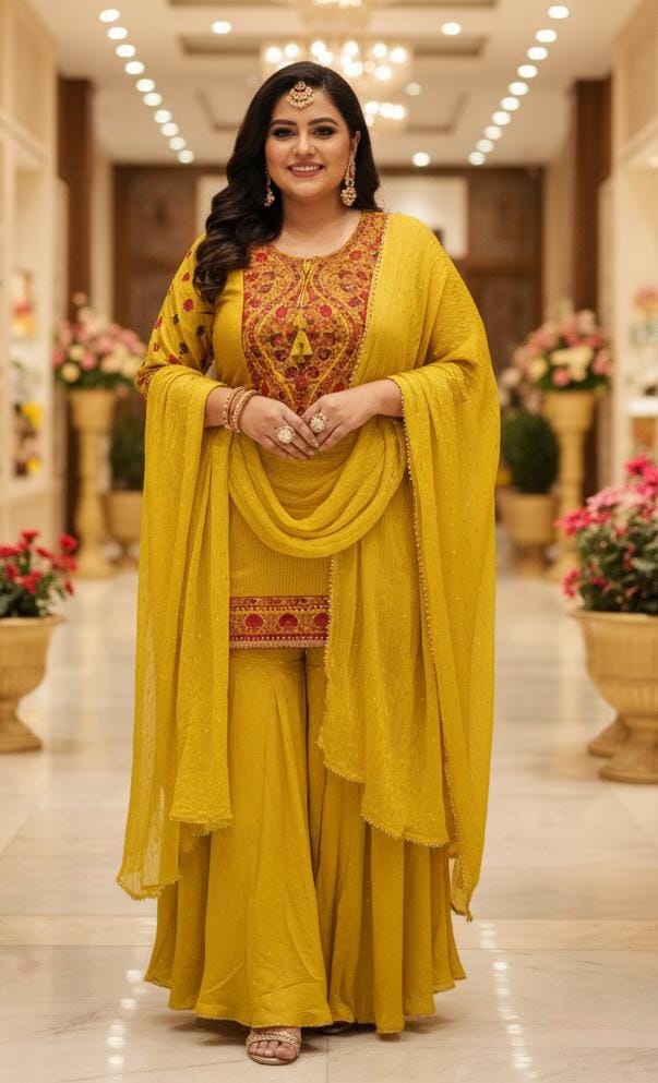 CHINNON SILK GHARARA SET. HALDI,SANGEET, FESTIVE OCCASSION PARTY WEAR