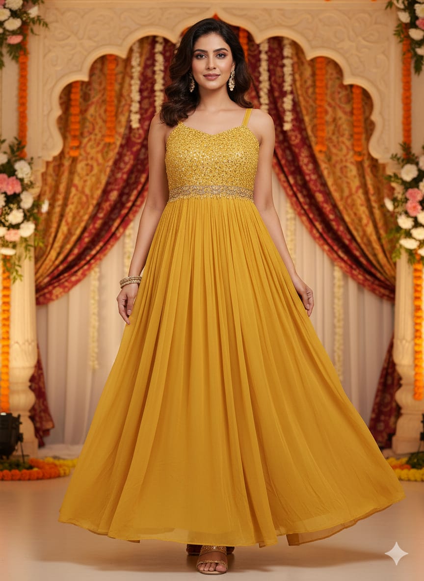 SPAGHETTI-STRAP GOWN,HALDI,MEHNDI,SANGEET