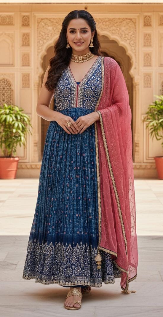 ZARI WORK EMBROIDERY EVENING PARTY WEAR  CHINNON CREP ANARKALI SET