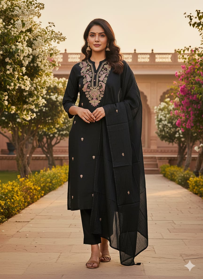 Thread Work with Linen Fabric Kurti Set