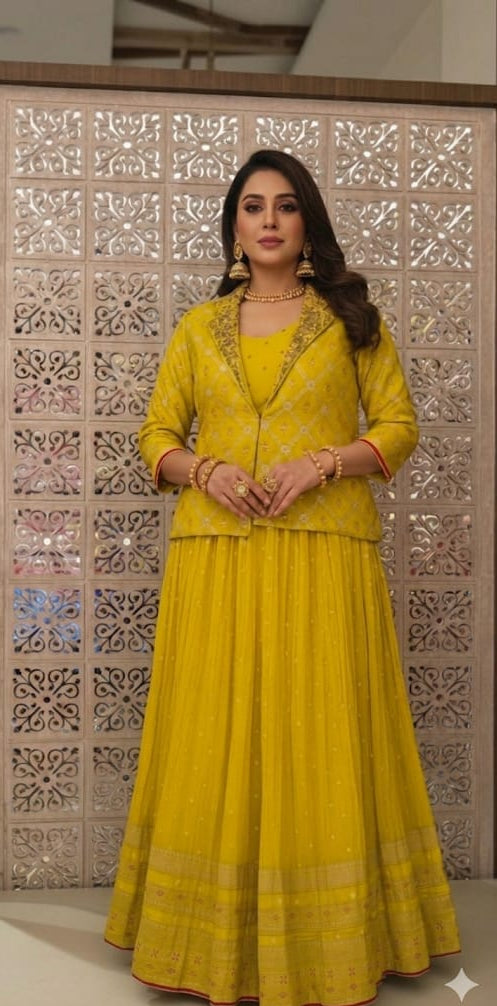 JACKET STYLE ANARKALI DRESS HALDI CEREMONEY,FESTIV OCCASSION,