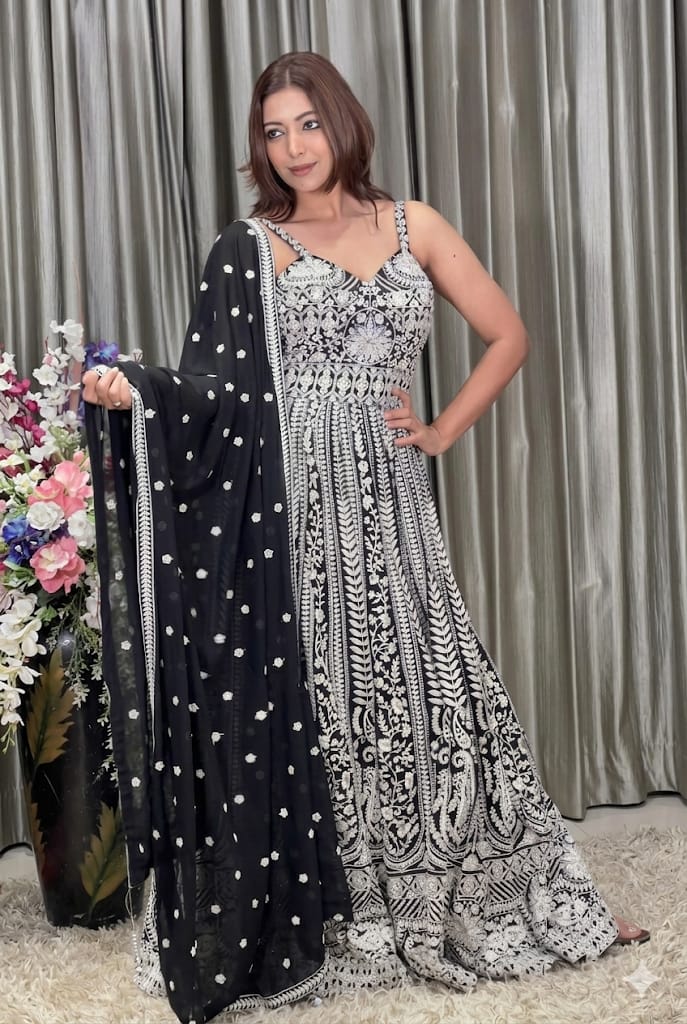 SPAGHETTI,STRAP GOWN,WHITE WORK,COCKTAIL,SANGEET PARTY WEAR GOWN