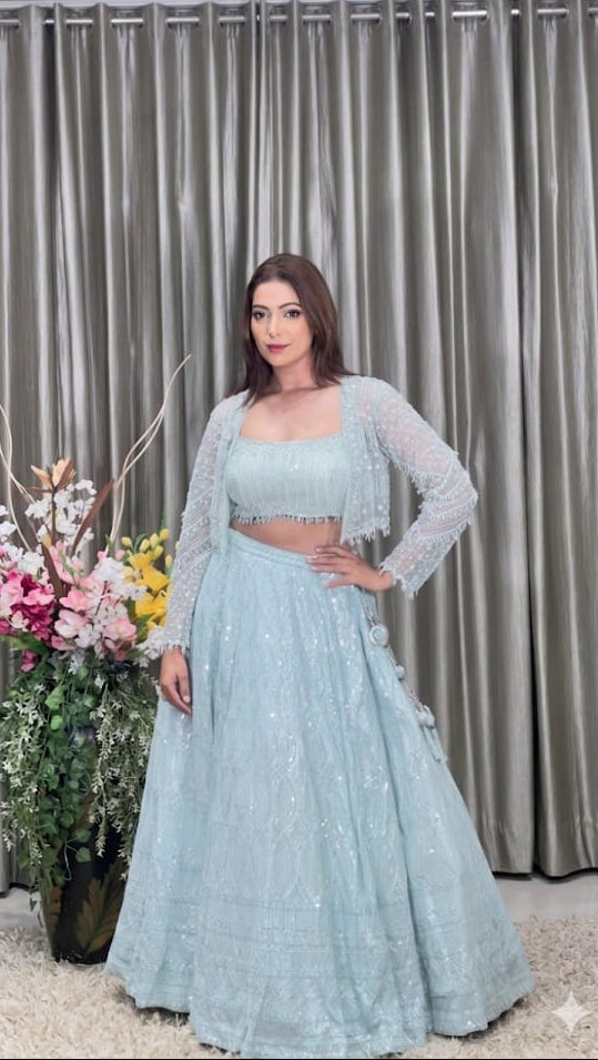 WESTERN LEHENGA CHOLI WITH JACKET STYLE COCKTAIL,EVENING PARTY,RECEPTION,WEDDING PARTY OUTFIT