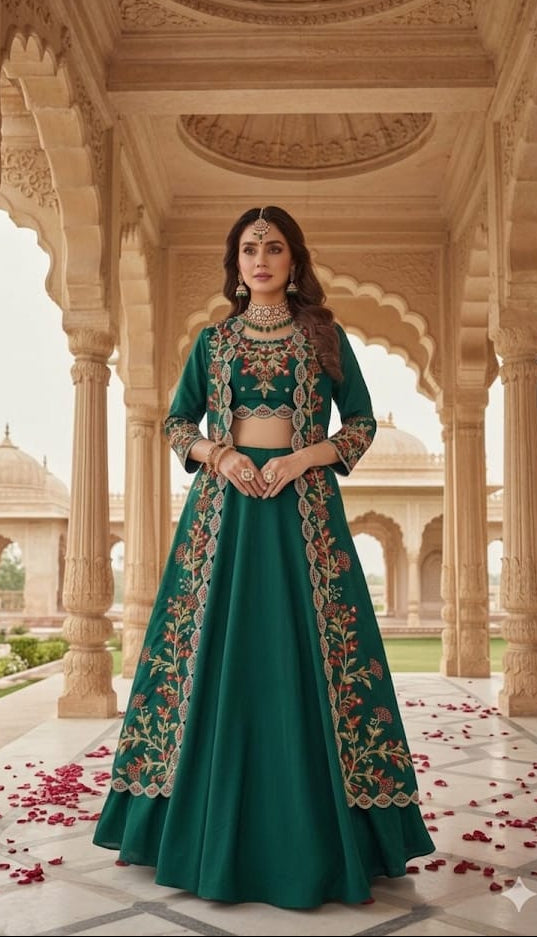 INDO WESTERN,SHORT TOP WITH JACKET LEHENGA CHOLI