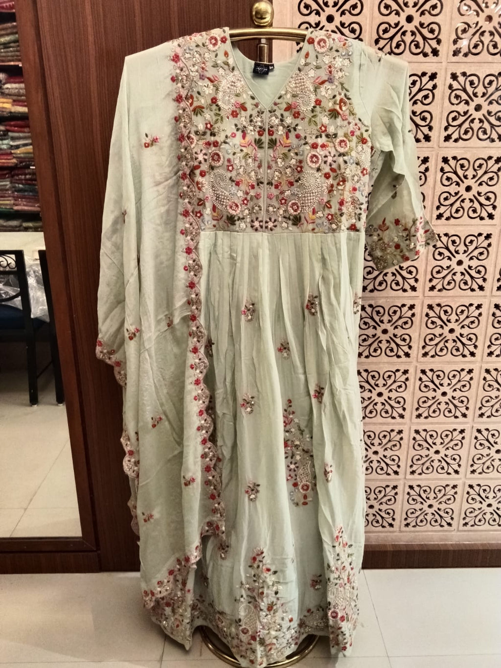 Elegant Mint Green Embroidered Anarkali Set.
