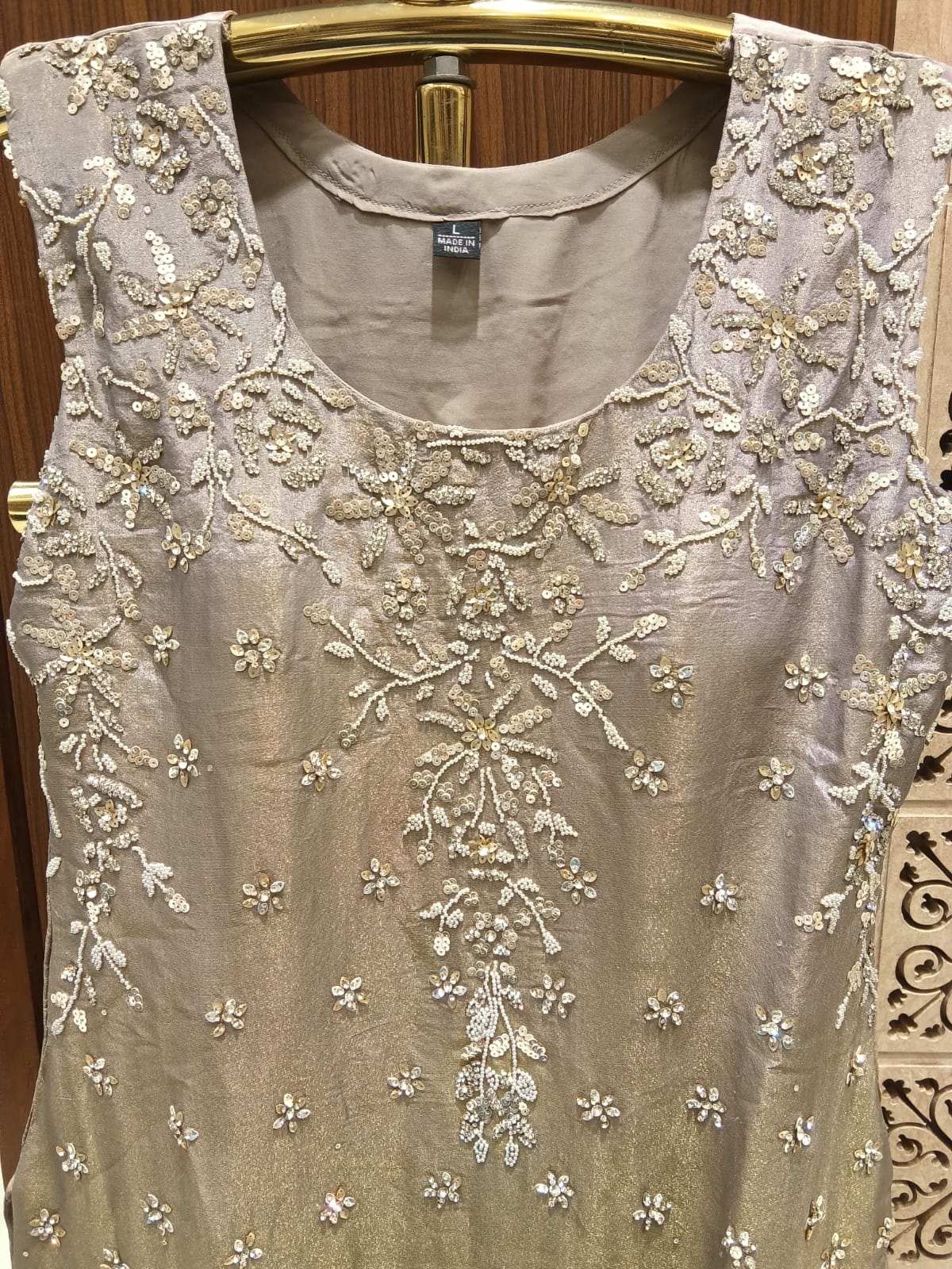 Elegant Champagne Embroidered Kurta Palazzo Set with Dupatta.
