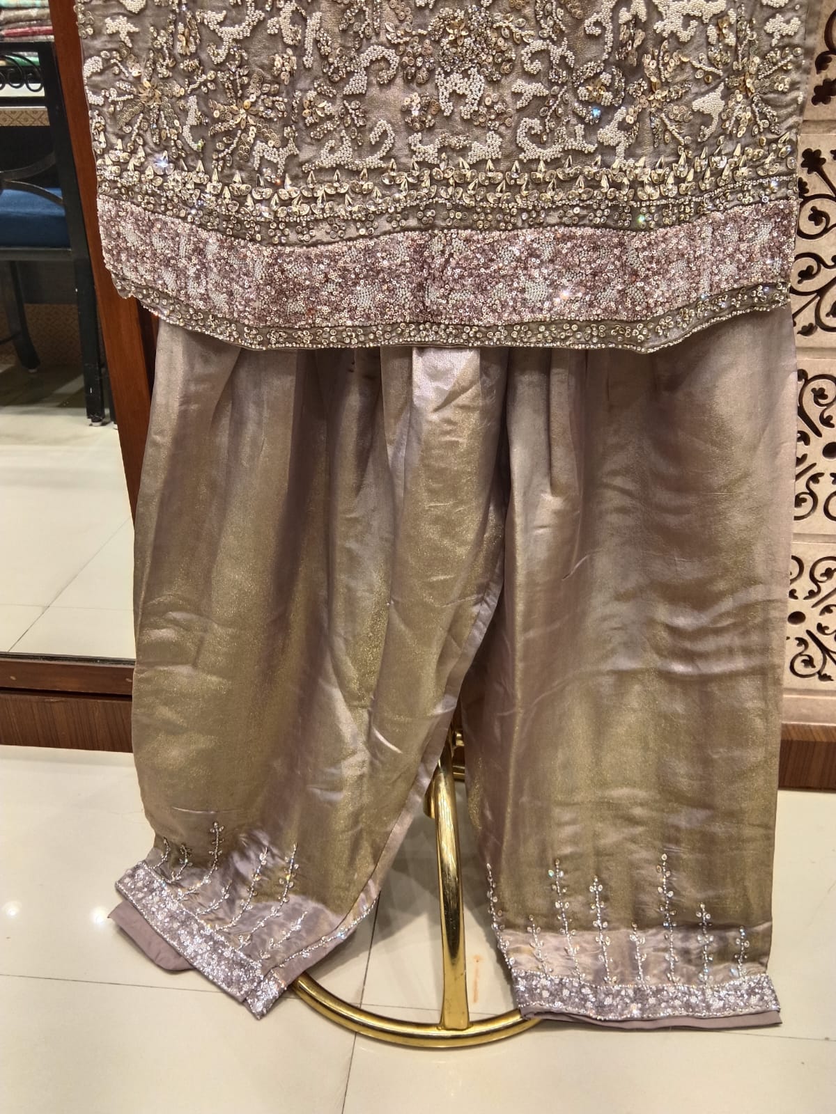 Elegant Champagne Embroidered Kurta Palazzo Set with Dupatta.