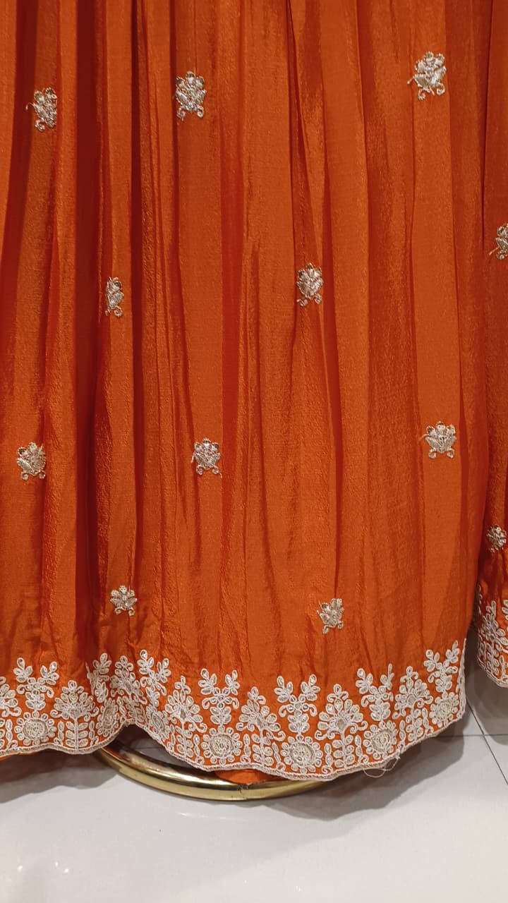 Rust Orange Embroidered Lehenga Set with  Dupatta.