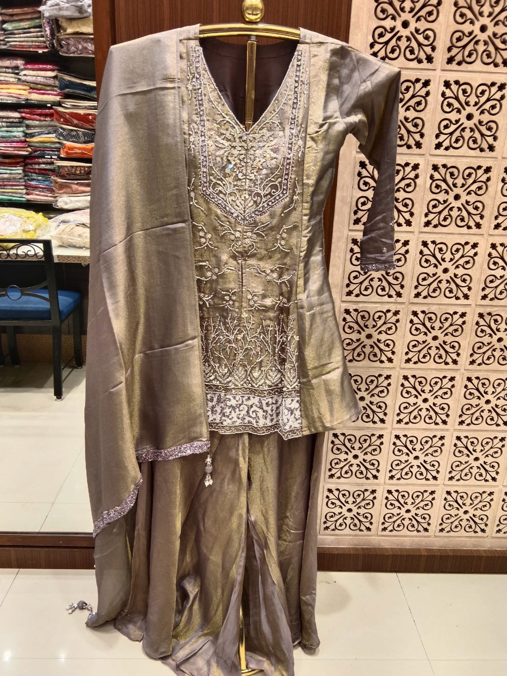 Elegant Pewter Tissue Silk Hand-Embroidered Suit Set.