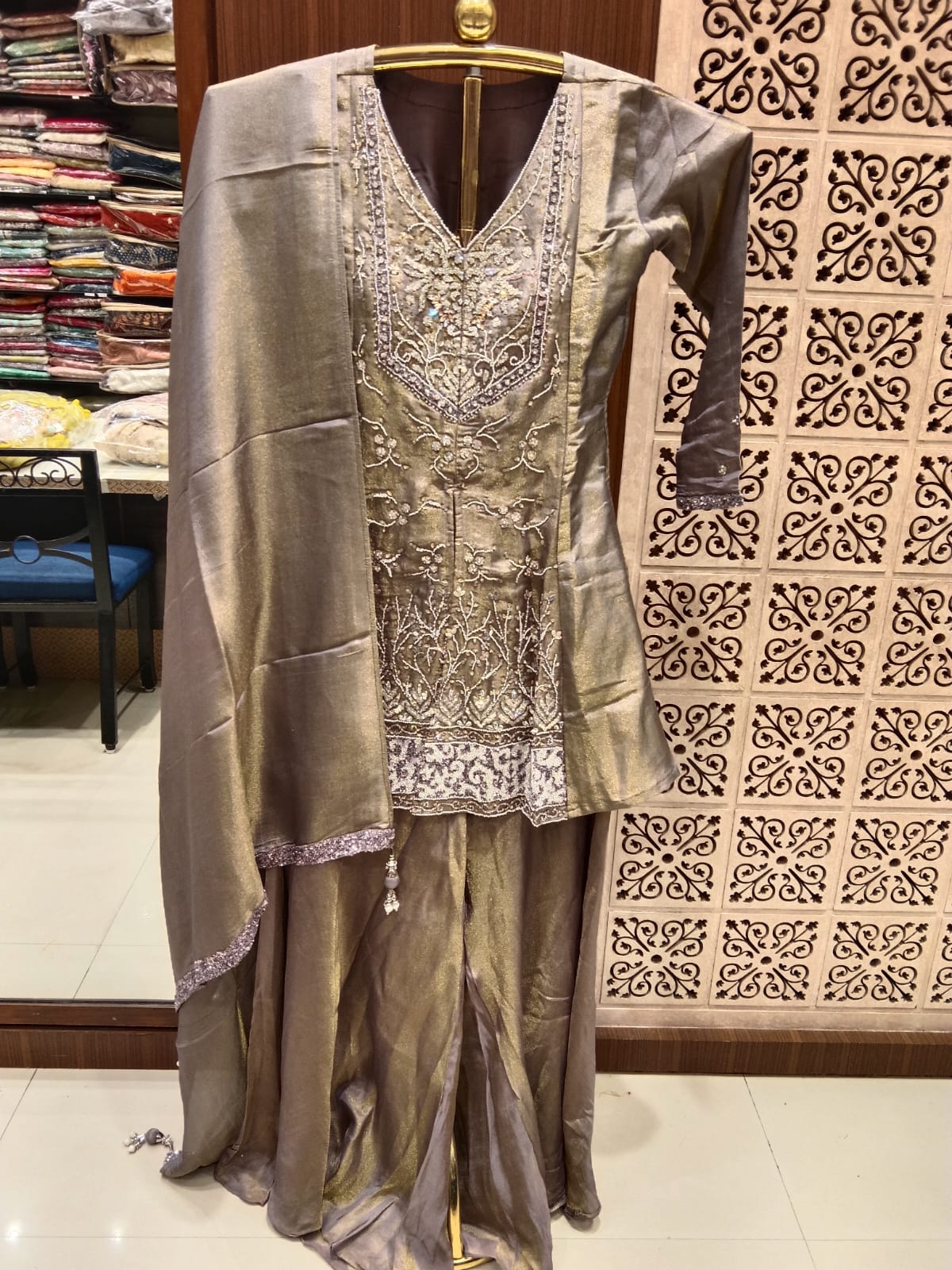 Elegant Pewter Tissue Silk Hand-Embroidered Suit Set.