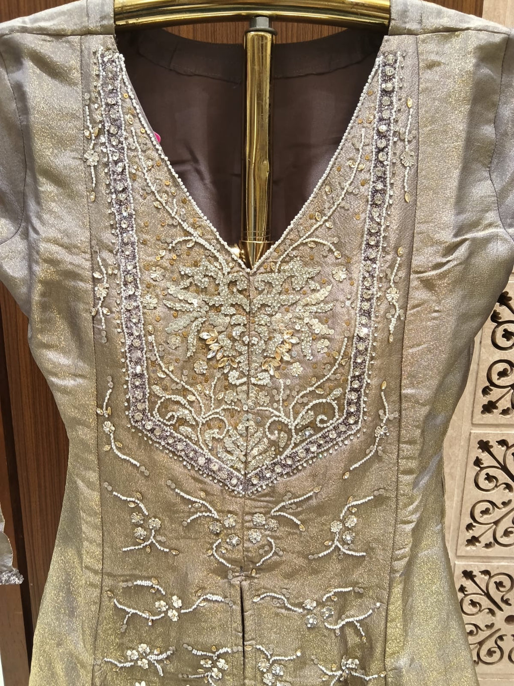 Elegant Pewter Tissue Silk Hand-Embroidered Suit Set.