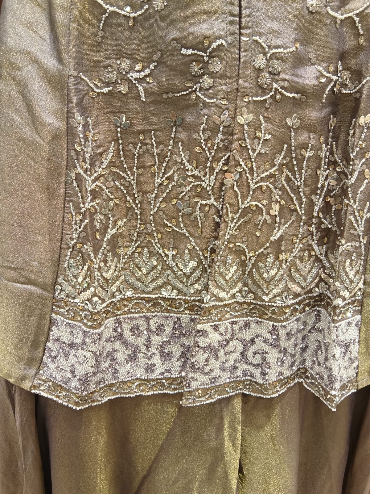 Elegant Pewter Tissue Silk Hand-Embroidered Suit Set.