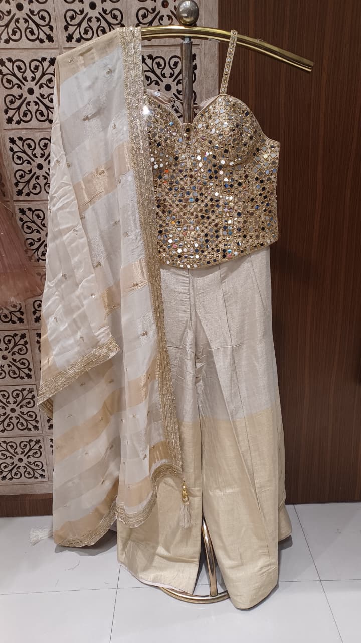 Hand-Embroidered Gold Mirror-Work Top with Flared Palazzo & Dupatta