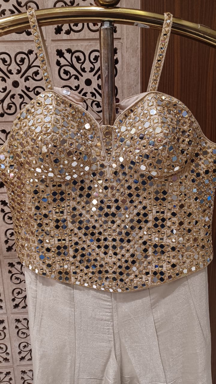 Hand-Embroidered Gold Mirror-Work Top with Flared Palazzo & Dupatta