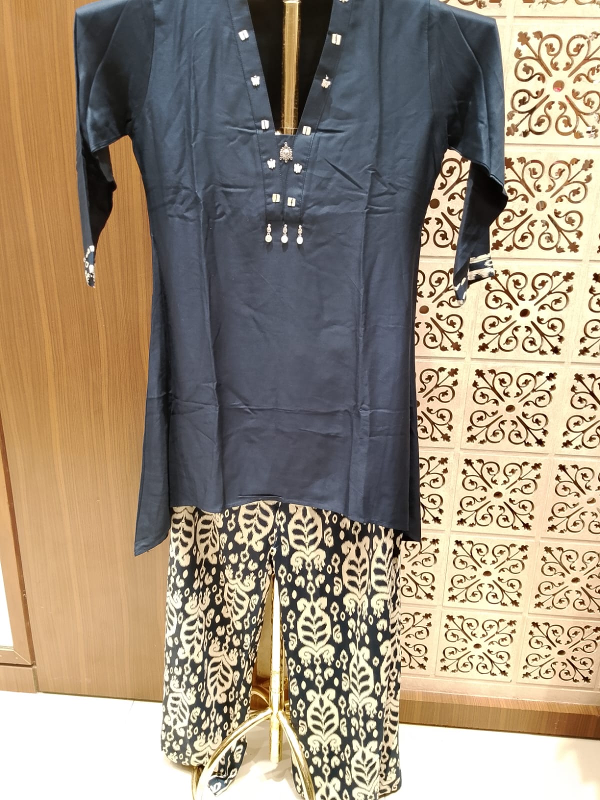 Navy Blue Short Kurti with Ikat Printed Palazzo.