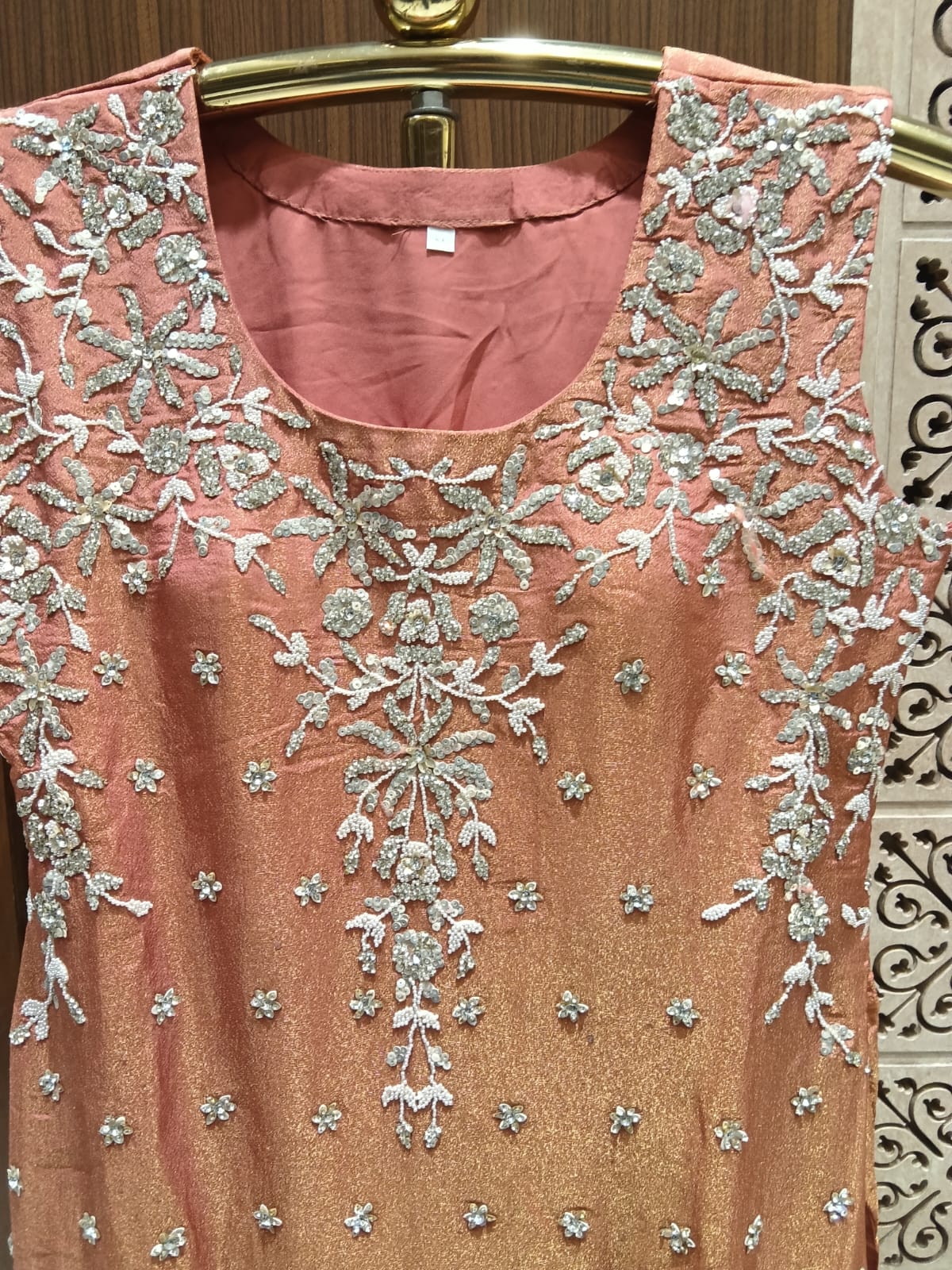Peach & Rose Gold Hand-Embroidered Shimmer silk Palazzo Set.