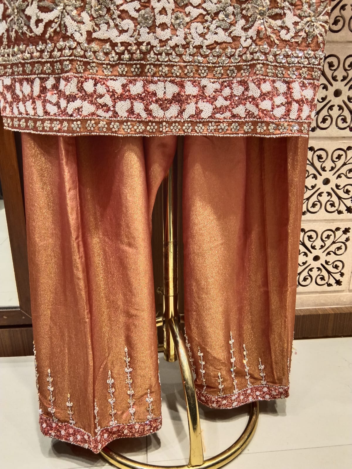Peach & Rose Gold Hand-Embroidered Shimmer silk Palazzo Set.