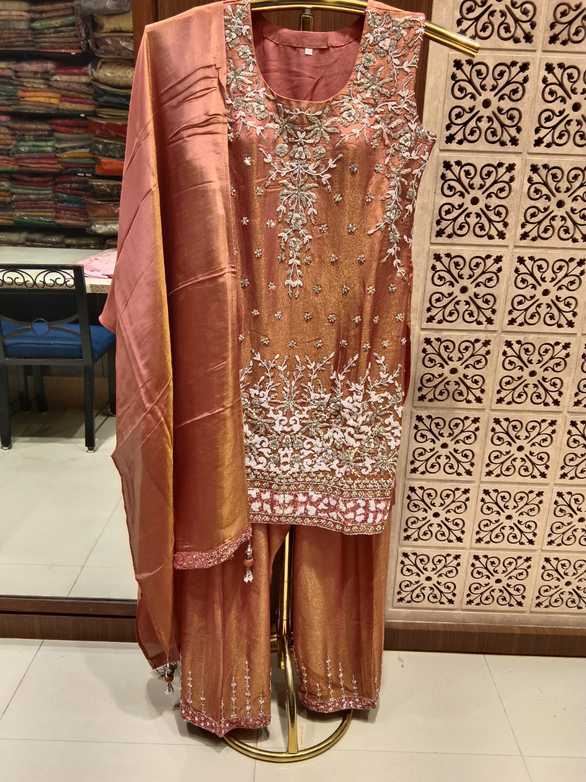 Peach & Rose Gold Hand-Embroidered Shimmer silk Palazzo Set.