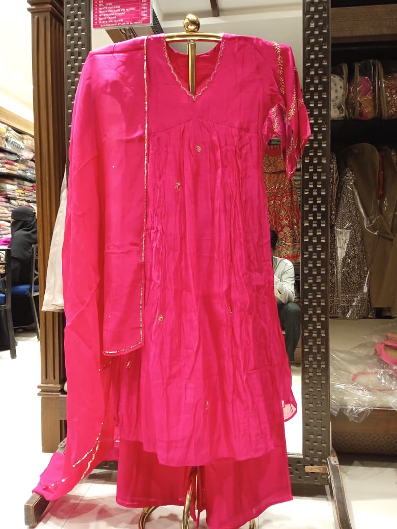 Rani Pink Gathered Anarkali Suit Set with Dupatta