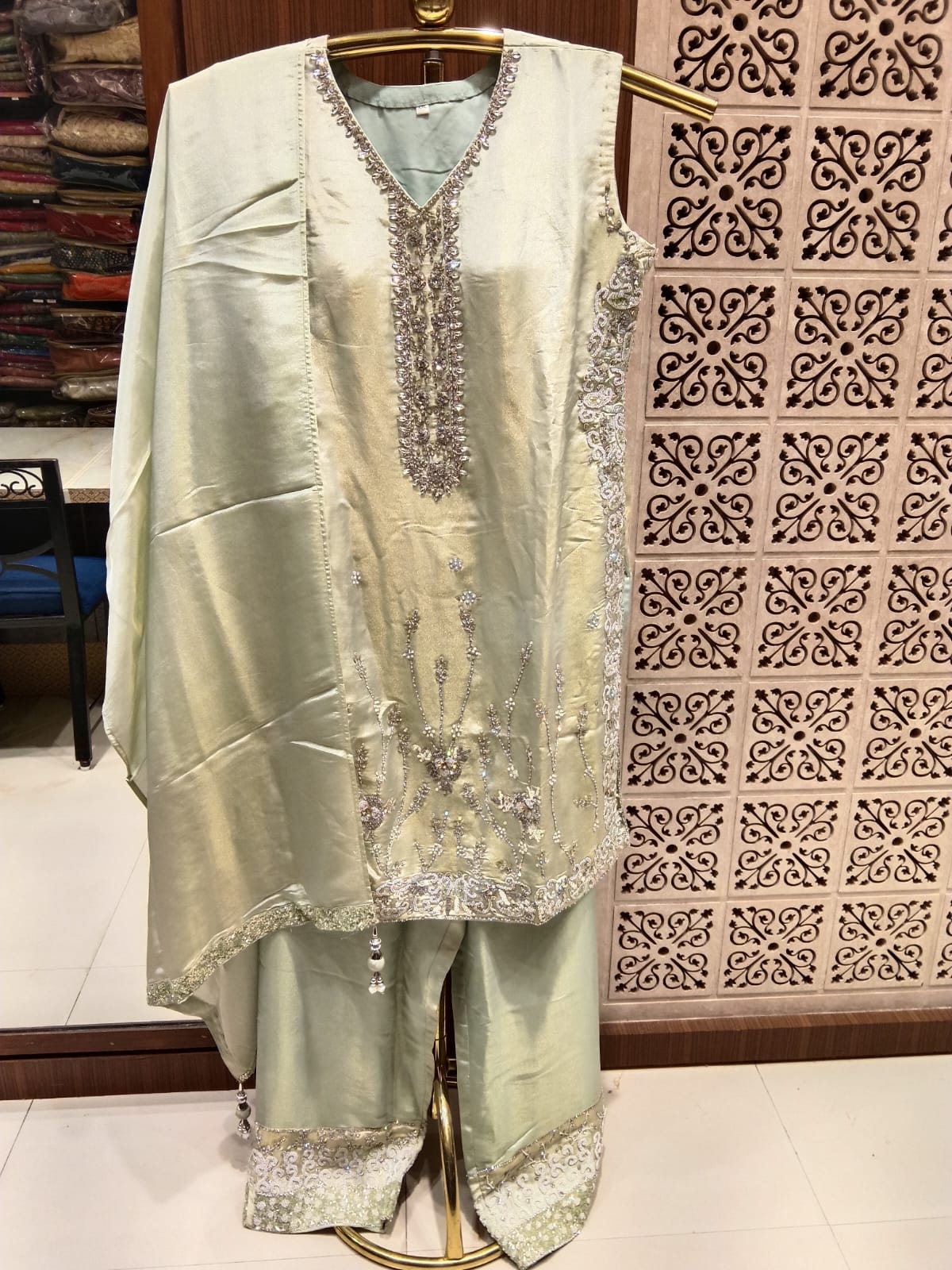 Mint Elegance Hand-Embroidered 3-Piece Suit.