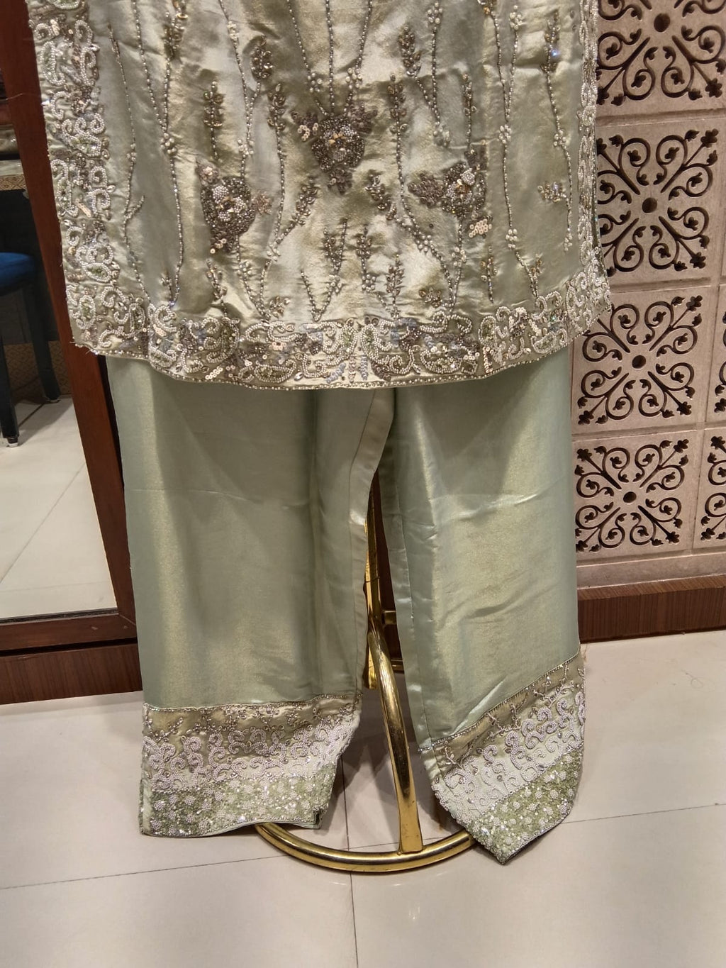 Mint Elegance Hand-Embroidered 3-Piece Suit.