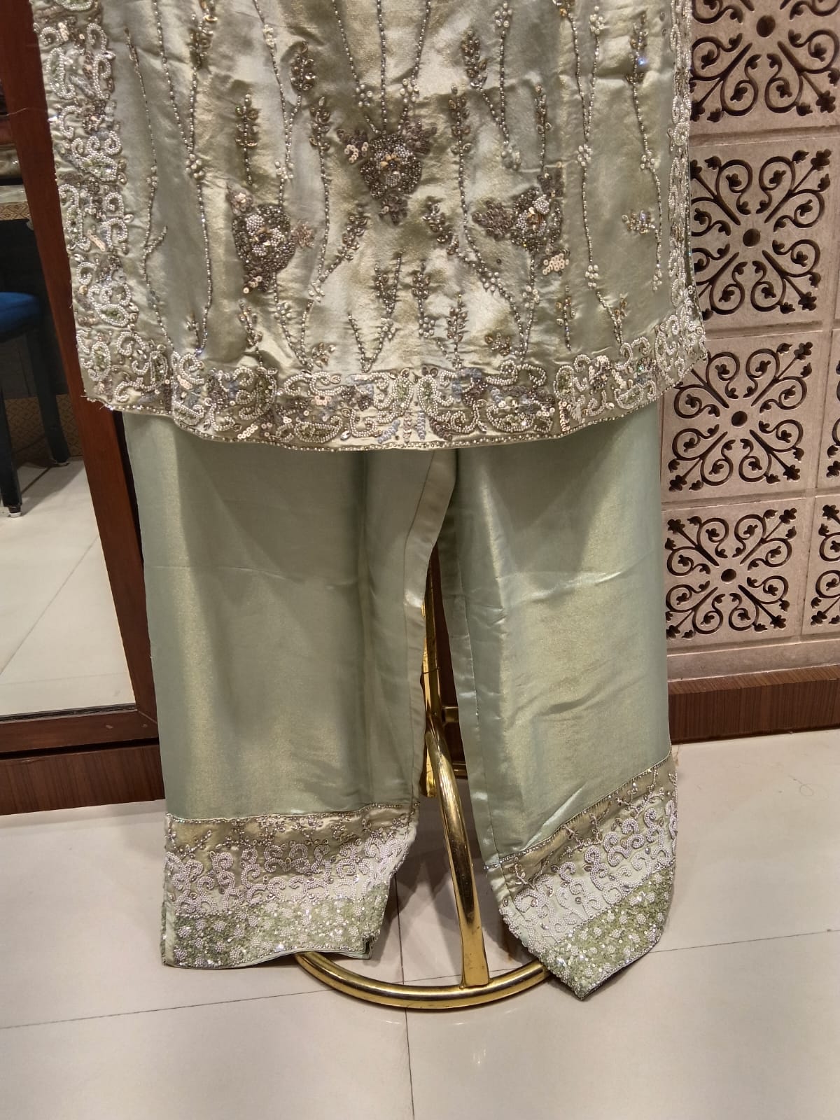 Mint Elegance Hand-Embroidered 3-Piece Suit.