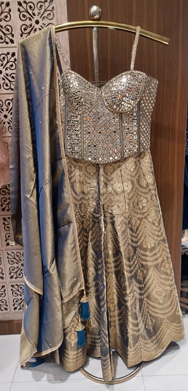 Metallic Steel Gray Heavy Mirror-Work Lehenga 3-Piece Set