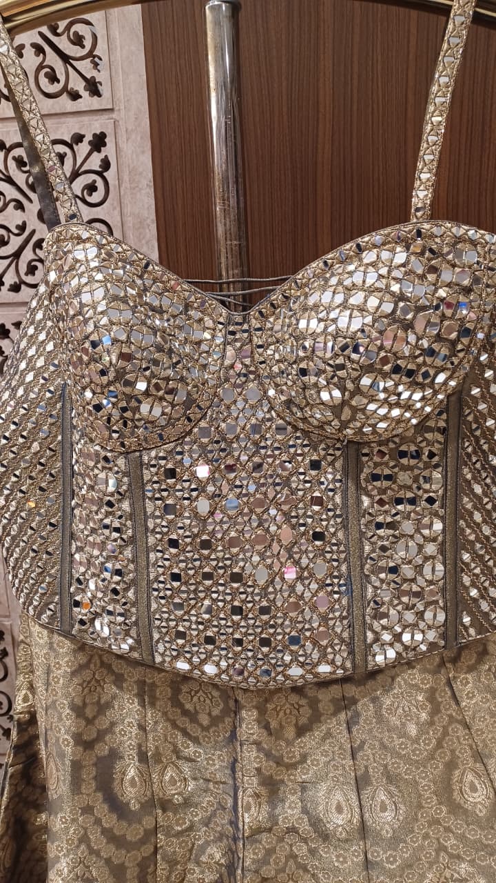 Metallic Steel Gray Heavy Mirror-Work Lehenga 3-Piece Set