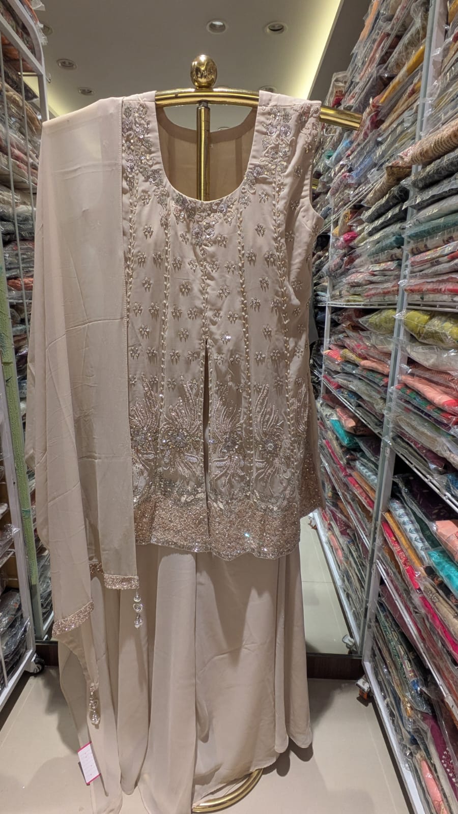 Champagne Beige Pearl & Sequin Embroidered Palazzo Set.