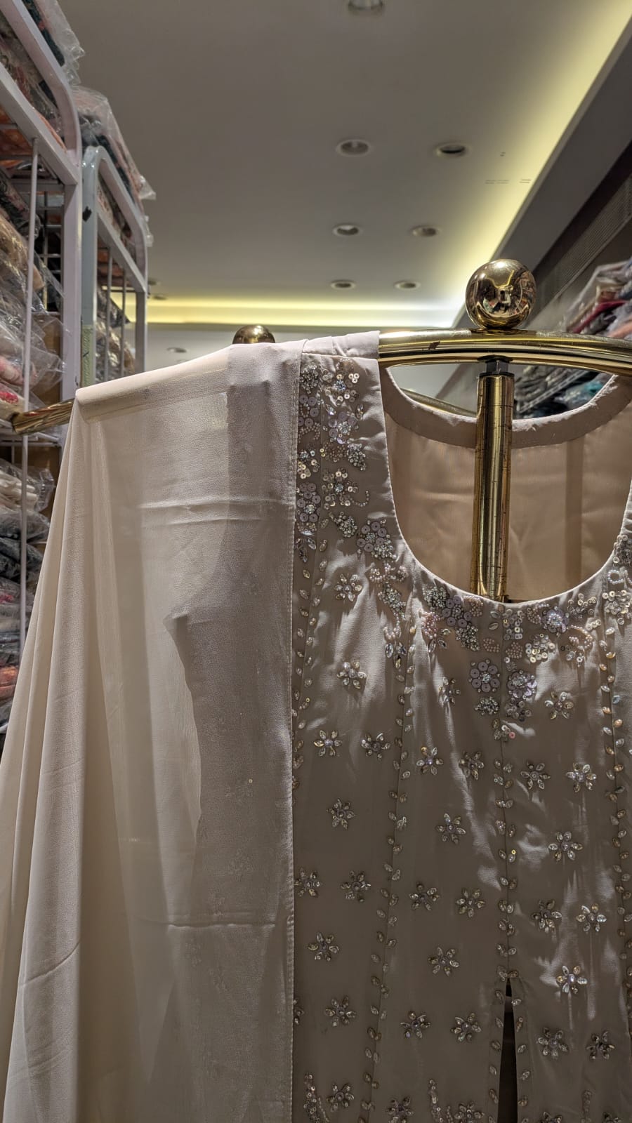 Champagne Beige Pearl & Sequin Embroidered Palazzo Set.