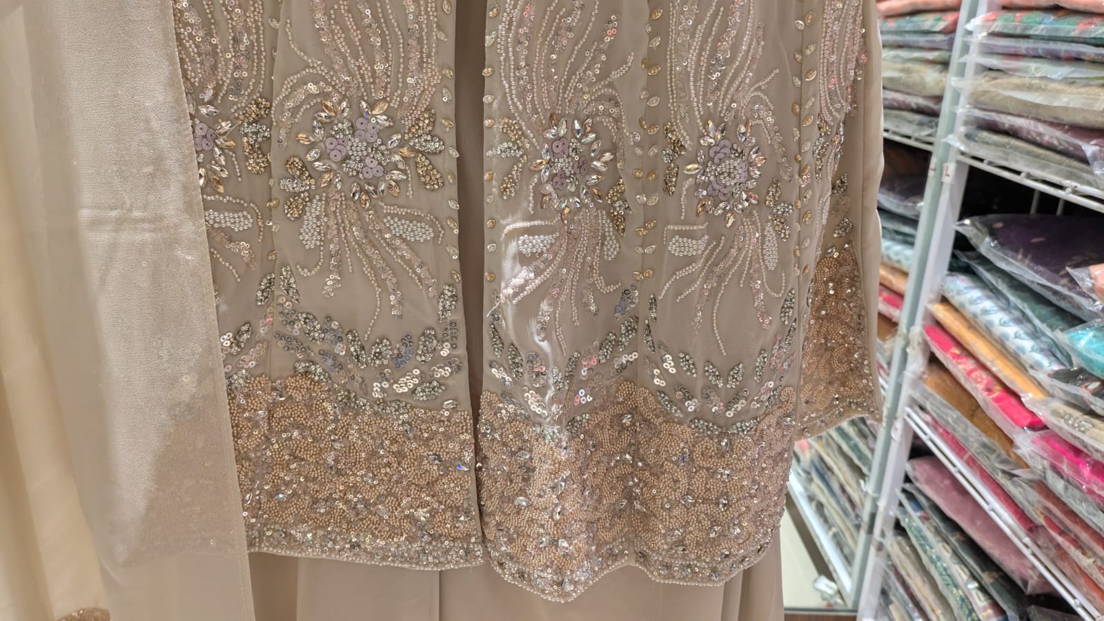 Champagne Beige Pearl & Sequin Embroidered Palazzo Set.