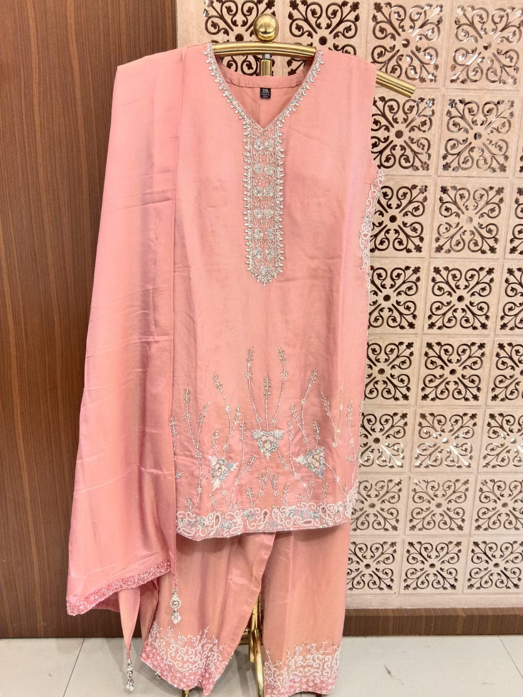 Peach-Pink Scalloped Floral Embroidered 3-Piece Suit.