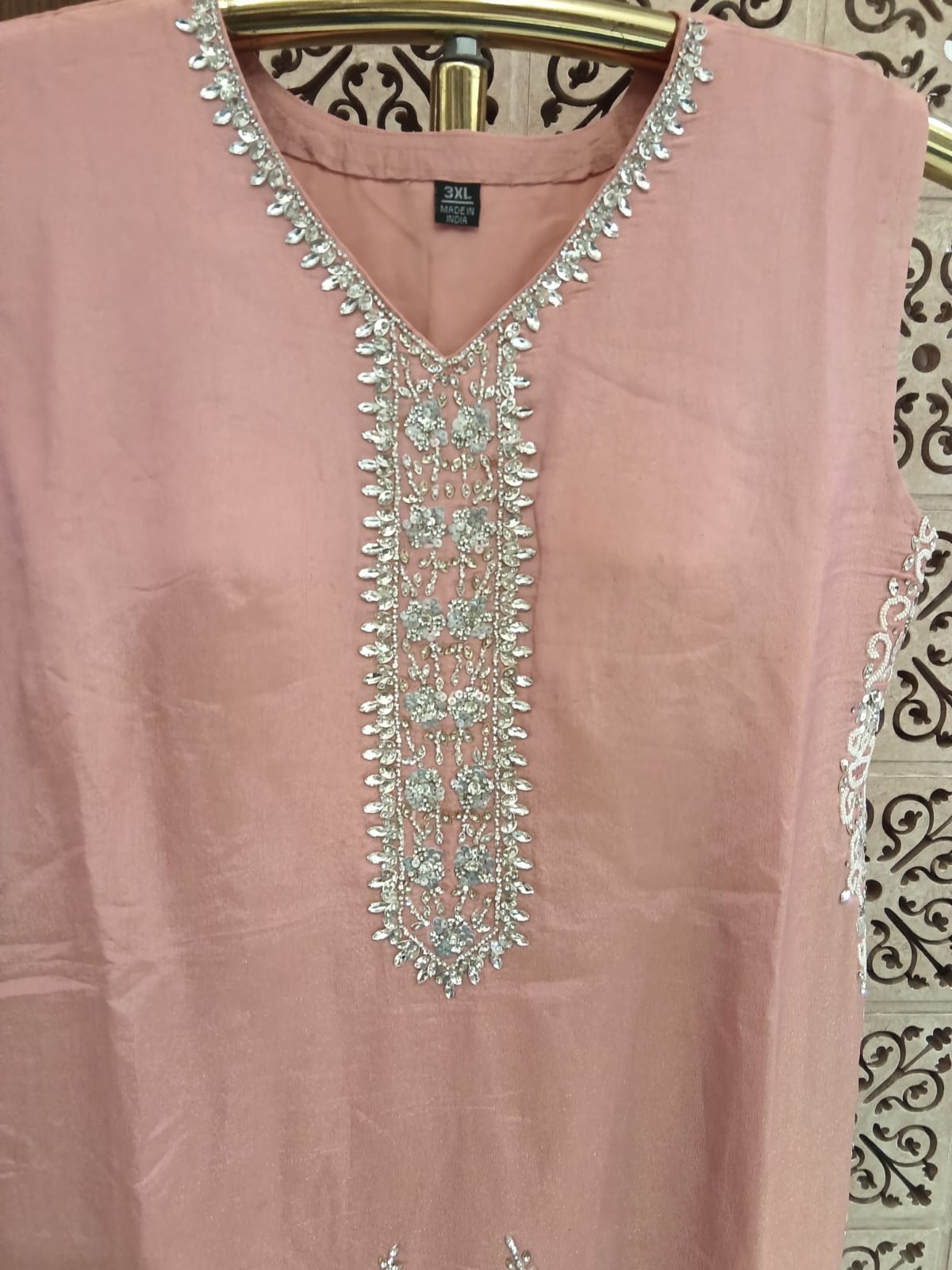 Peach-Pink Scalloped Floral Embroidered 3-Piece Suit.
