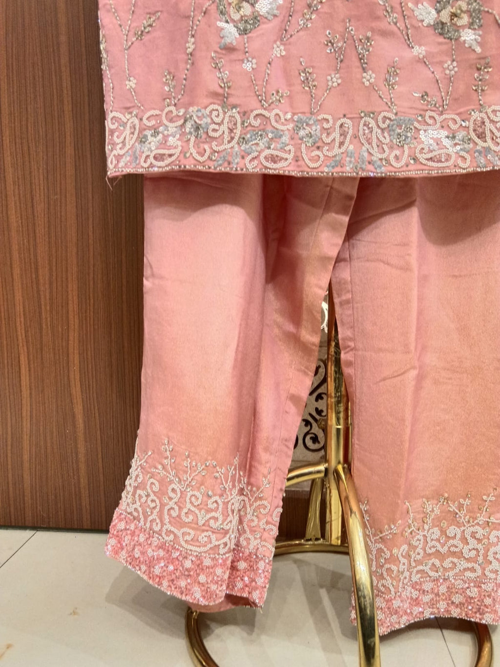 Peach-Pink Scalloped Floral Embroidered 3-Piece Suit.