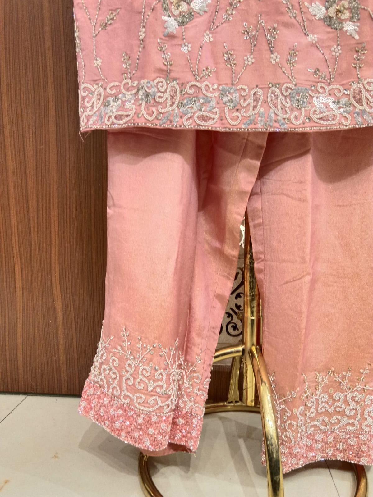 Peach-Pink Scalloped Floral Embroidered 3-Piece Suit.