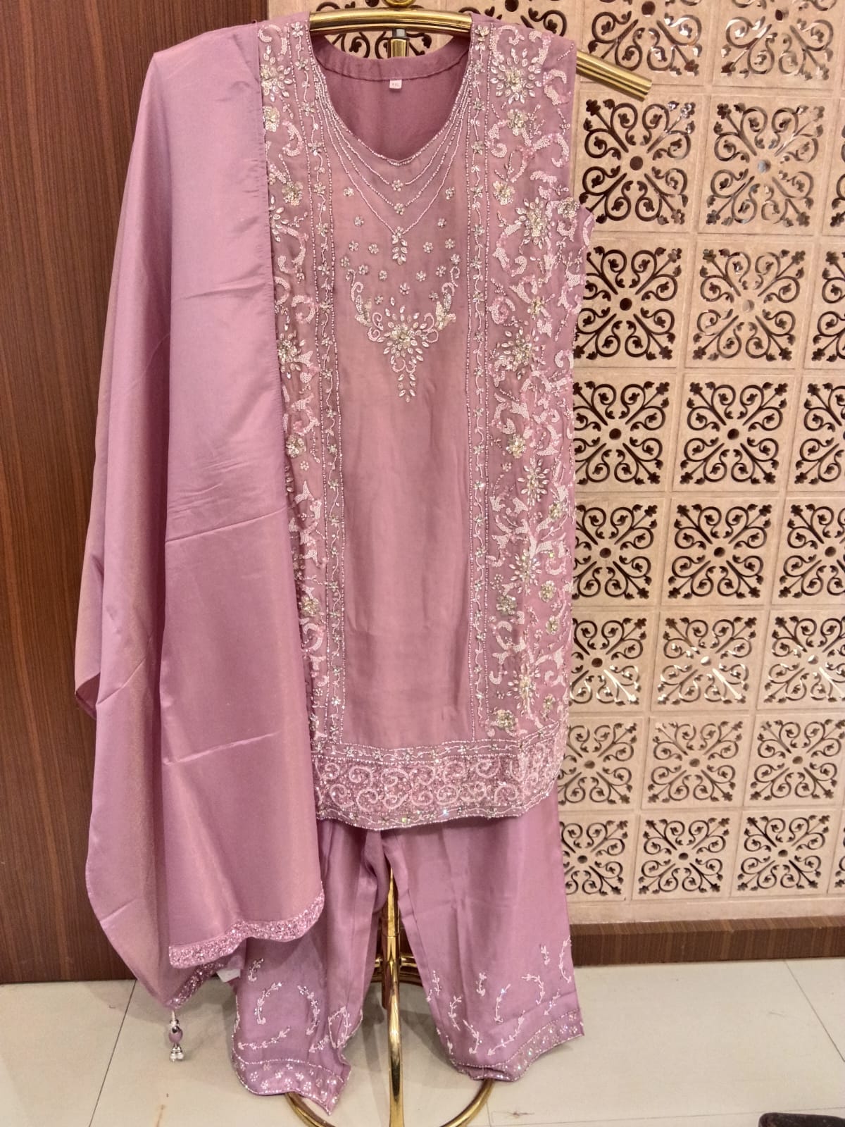 Mauve Rose Panel-Embroidered palazzo 3-Piece Suit Set.